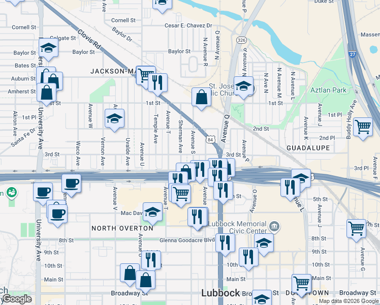 map of restaurants, bars, coffee shops, grocery stores, and more near 303 Avenue S in Lubbock