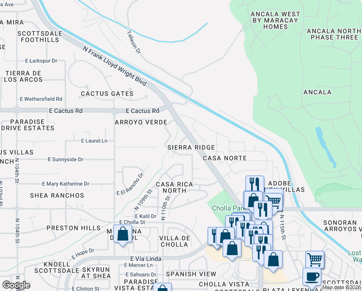 map of restaurants, bars, coffee shops, grocery stores, and more near 11082 East Sunnyside Drive in Scottsdale