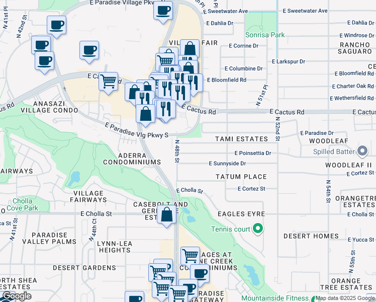 map of restaurants, bars, coffee shops, grocery stores, and more near 4829 East Poinsettia Drive in Scottsdale