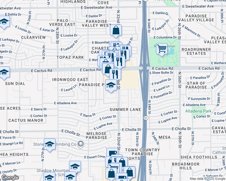 map of restaurants, bars, coffee shops, grocery stores, and more near 11850 North 32nd Street in Phoenix