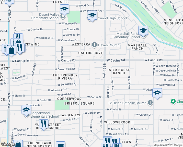map of restaurants, bars, coffee shops, grocery stores, and more near 11840 North 59th Lane in Glendale