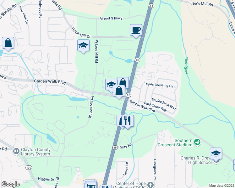 map of restaurants, bars, coffee shops, grocery stores, and more near 565 Garden Walk Boulevard in Atlanta