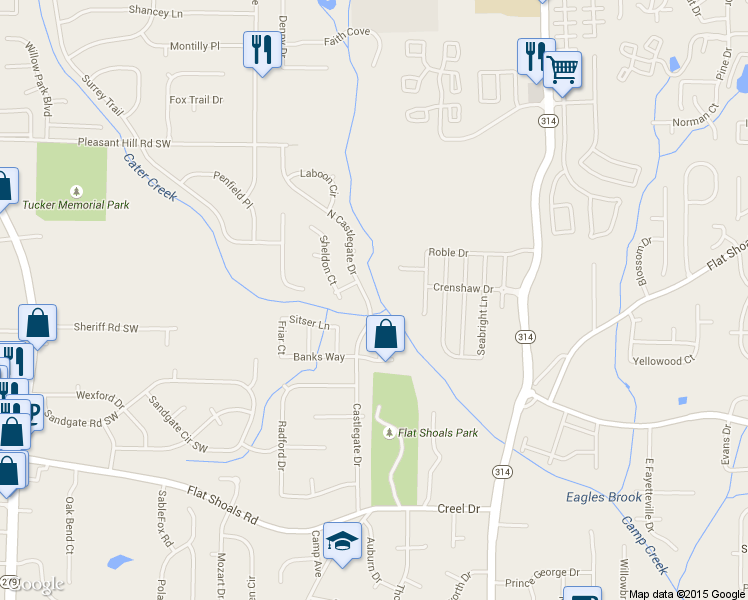 map of restaurants, bars, coffee shops, grocery stores, and more near 5914 North Castlegate Drive in Atlanta