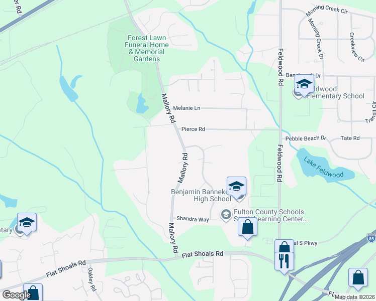 map of restaurants, bars, coffee shops, grocery stores, and more near 5910 Mallory Road in College Park