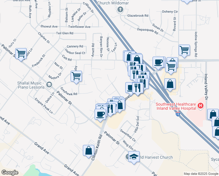 map of restaurants, bars, coffee shops, grocery stores, and more near 23407 Crystal Way in Wildomar