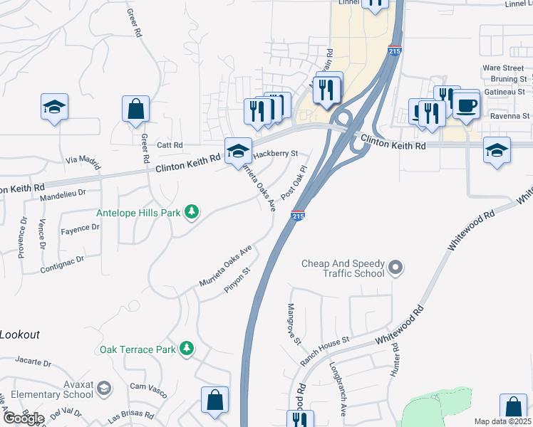 map of restaurants, bars, coffee shops, grocery stores, and more near 36296 Redbud Lane in Murrieta