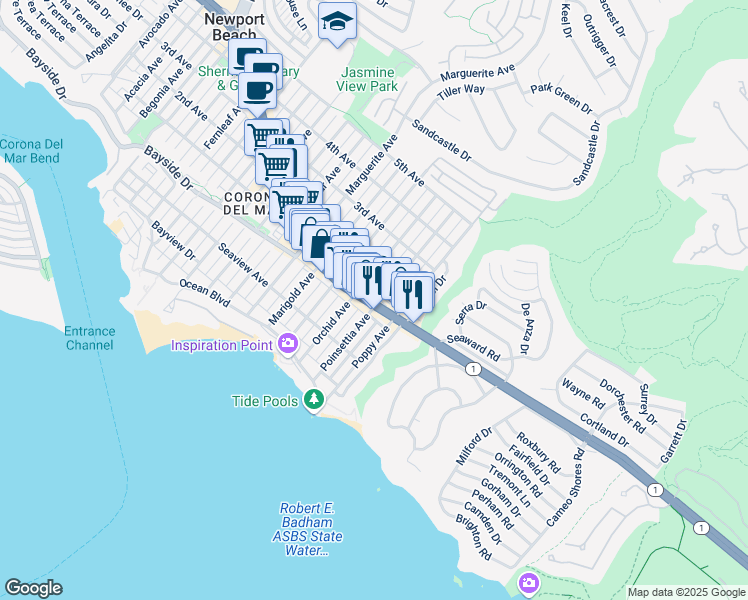 map of restaurants, bars, coffee shops, grocery stores, and more near 3636 East Coast Highway in Newport Beach