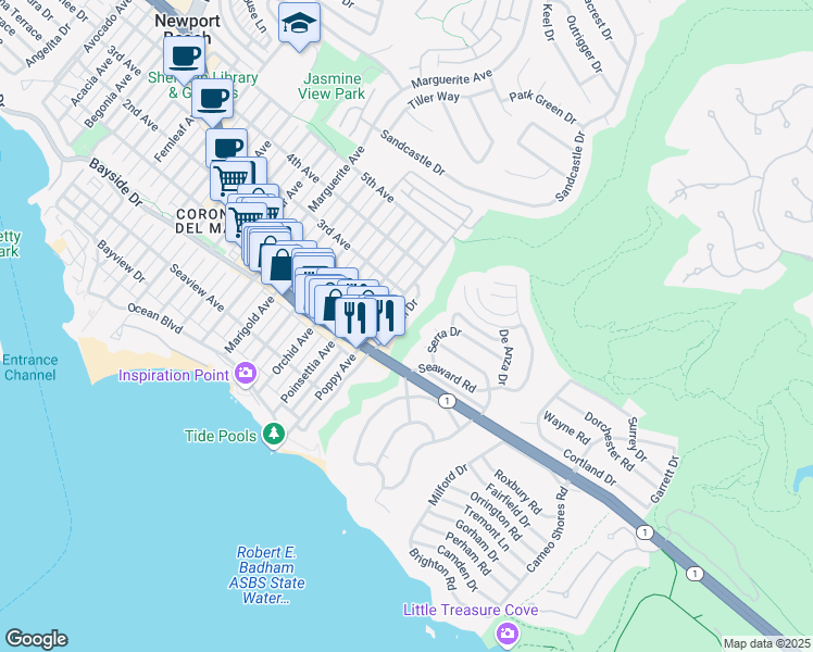 map of restaurants, bars, coffee shops, grocery stores, and more near 504 Hazel Drive in Newport Beach