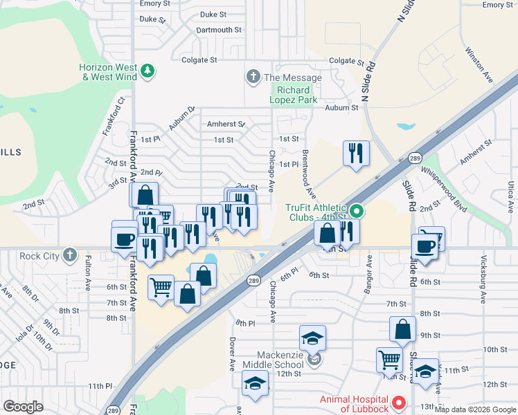map of restaurants, bars, coffee shops, grocery stores, and more near 5507 3rd Street in Lubbock