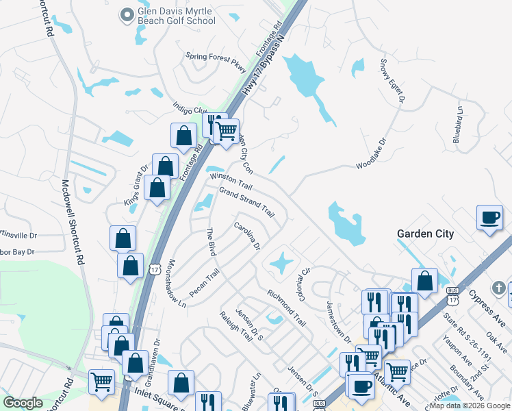 map of restaurants, bars, coffee shops, grocery stores, and more near 858 Blue Ridge Trail in Murrells Inlet