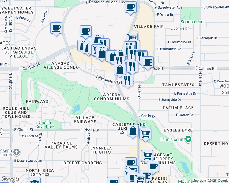 map of restaurants, bars, coffee shops, grocery stores, and more near 11640 North Tatum Boulevard in Phoenix