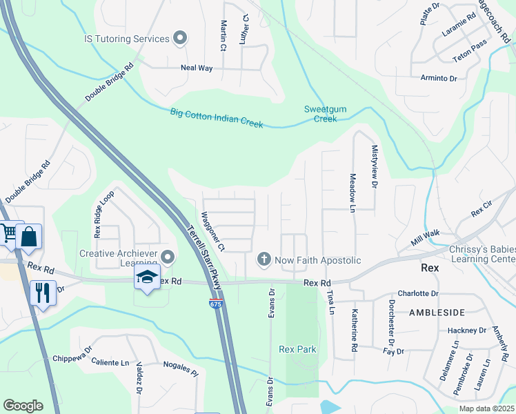 map of restaurants, bars, coffee shops, grocery stores, and more near 5877 Waggoner Cove in Rex