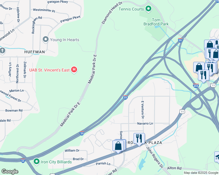 map of restaurants, bars, coffee shops, grocery stores, and more near 47 Medical Park Drive East in Birmingham