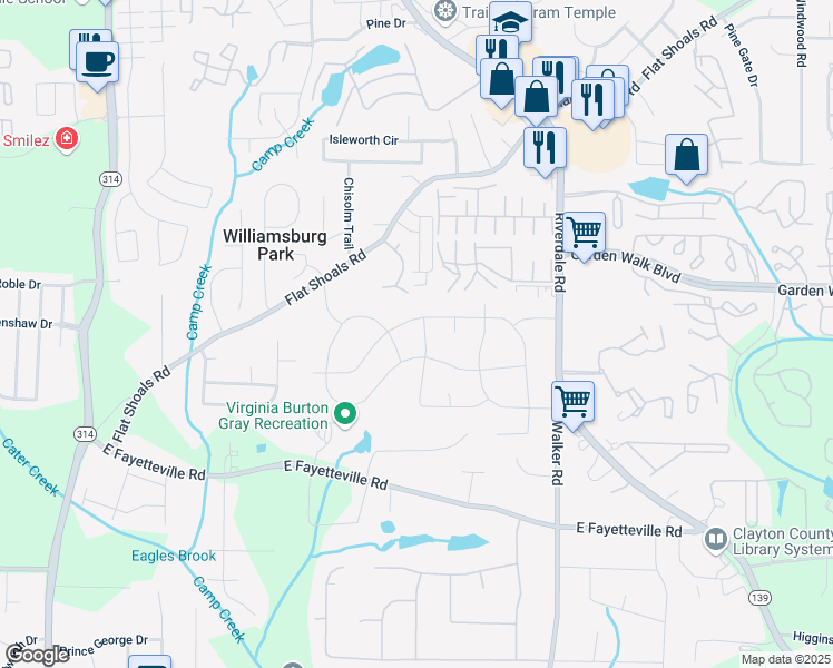 map of restaurants, bars, coffee shops, grocery stores, and more near 1385 Cedar Creek Lane in Riverdale