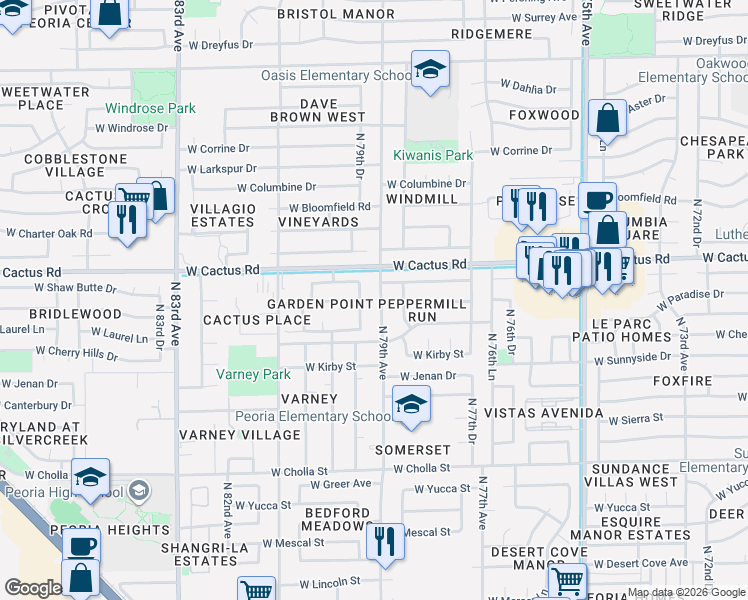 map of restaurants, bars, coffee shops, grocery stores, and more near 12010 North 79th Drive in Peoria