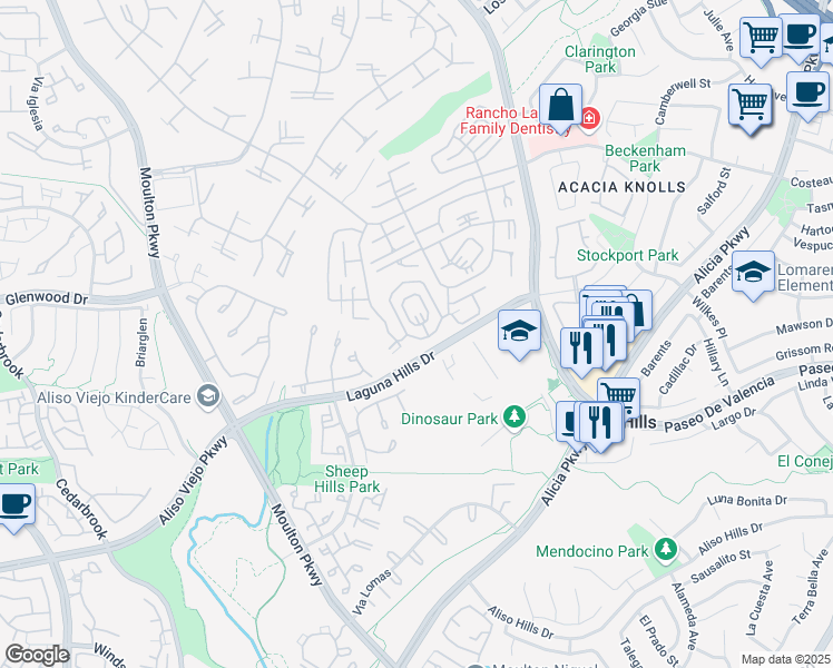 map of restaurants, bars, coffee shops, grocery stores, and more near 856 Ronda Mendoza in Laguna Woods