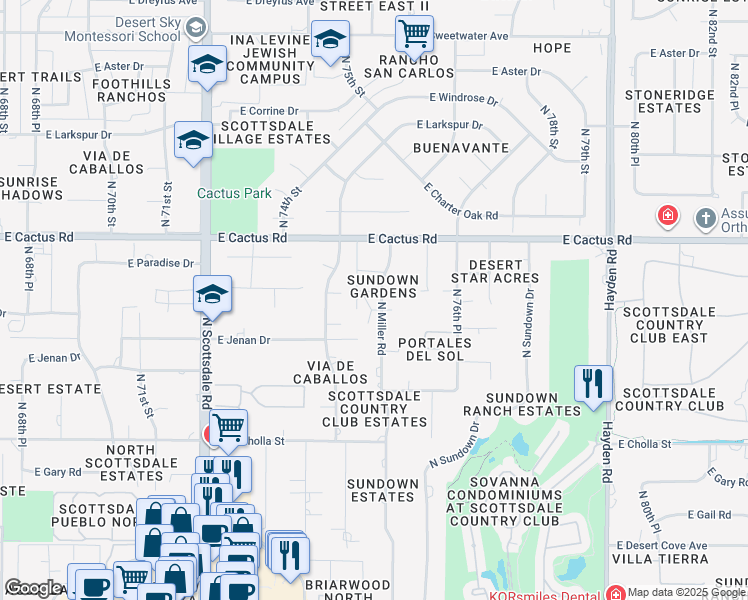 map of restaurants, bars, coffee shops, grocery stores, and more near 7611 East Jenan Drive in Scottsdale