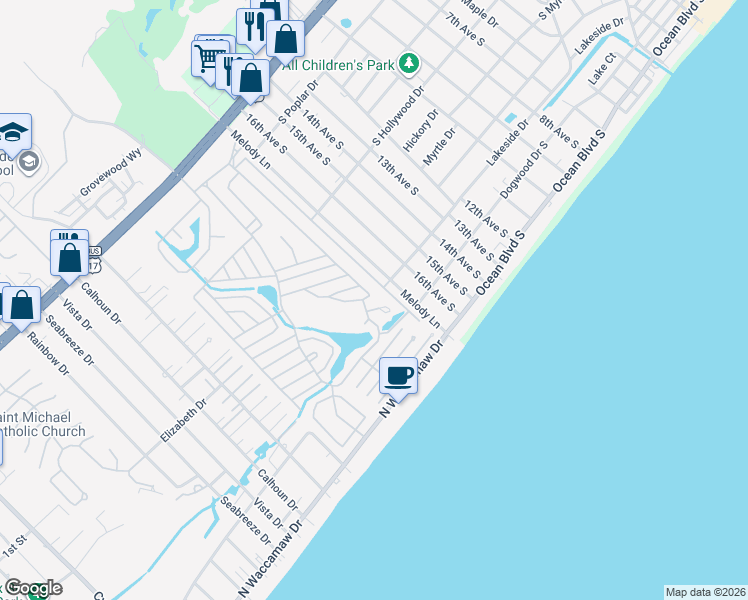 map of restaurants, bars, coffee shops, grocery stores, and more near 217 Rhea Drive in Myrtle Beach