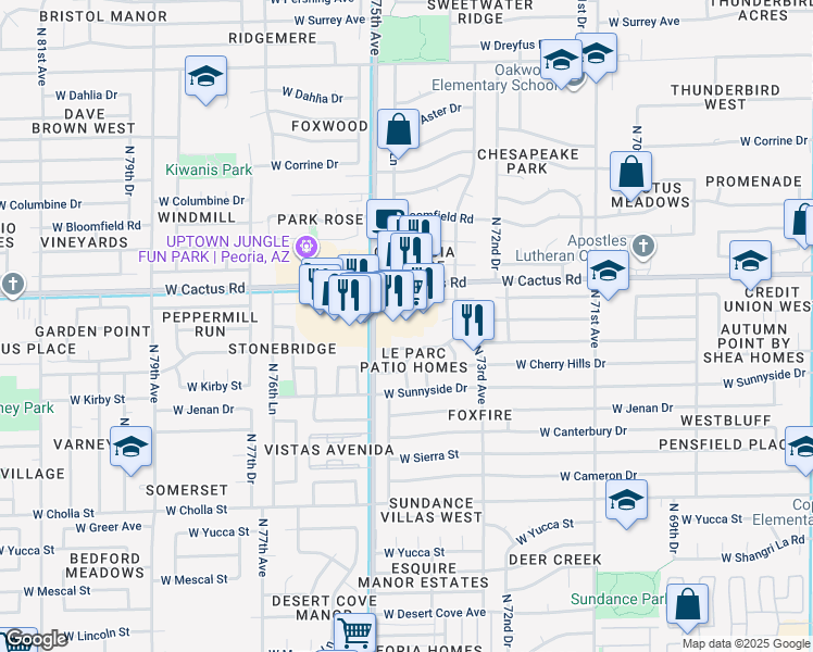 map of restaurants, bars, coffee shops, grocery stores, and more near 7438 West Paradise Drive in Peoria