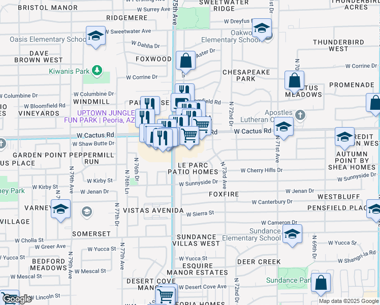 map of restaurants, bars, coffee shops, grocery stores, and more near 7455 West Cactus Road in Peoria