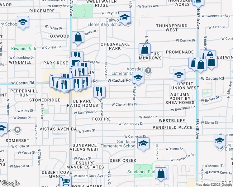 map of restaurants, bars, coffee shops, grocery stores, and more near 7202 West Laurel Lane in Peoria