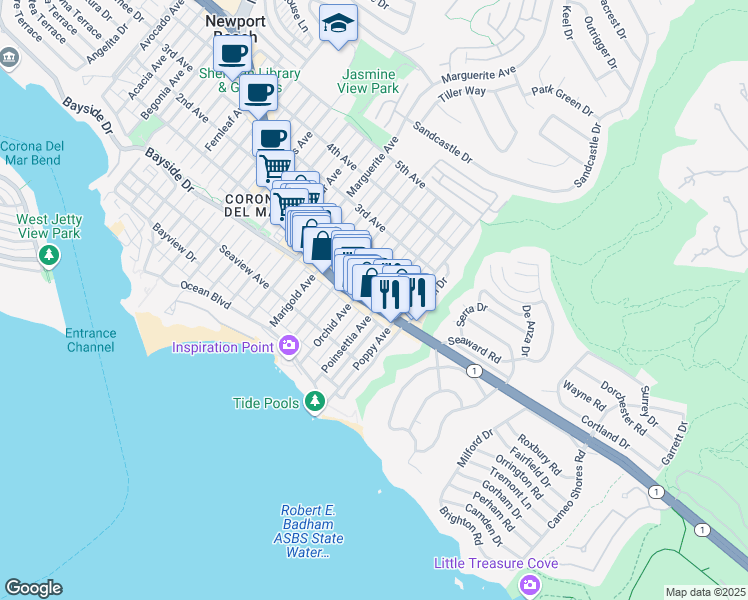 map of restaurants, bars, coffee shops, grocery stores, and more near 3707 East Coast Highway in Newport Beach