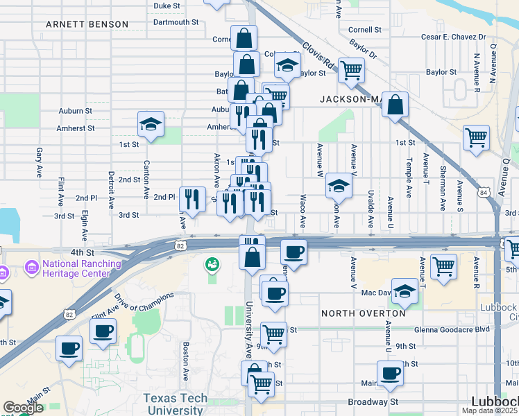 map of restaurants, bars, coffee shops, grocery stores, and more near 2413 3rd Street in Lubbock
