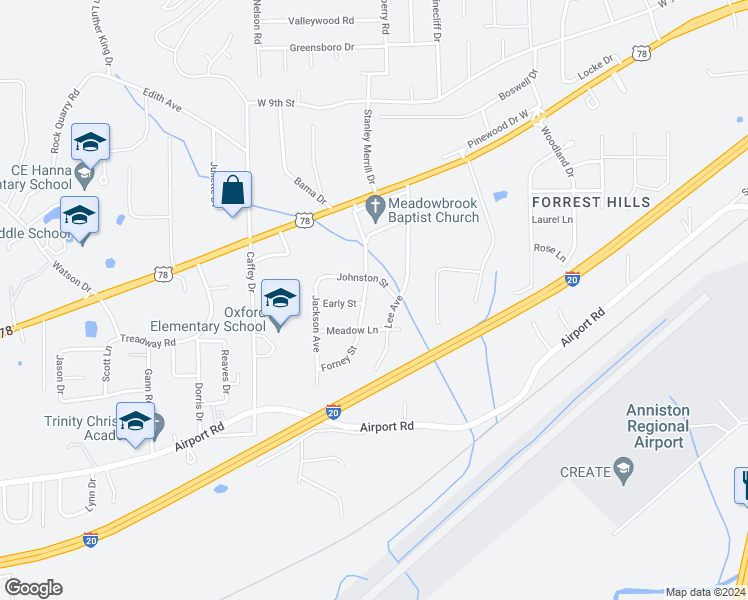 map of restaurants, bars, coffee shops, grocery stores, and more near 1405 Forney Street in Oxford