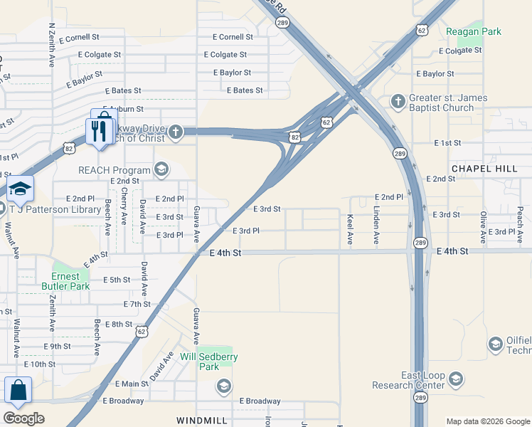 map of restaurants, bars, coffee shops, grocery stores, and more near 3409 East 3rd Place in Lubbock