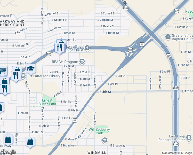 map of restaurants, bars, coffee shops, grocery stores, and more near 313 Guava Avenue in Lubbock