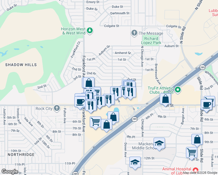 map of restaurants, bars, coffee shops, grocery stores, and more near 17 Elkhart Avenue in Lubbock
