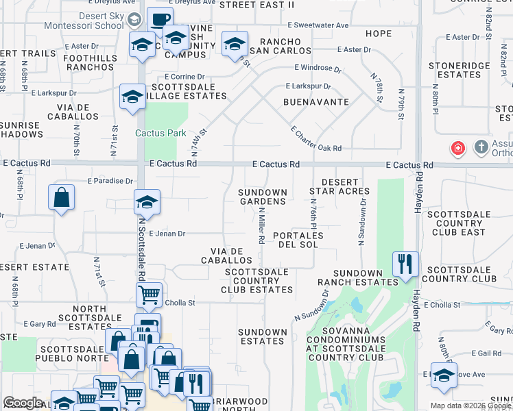 map of restaurants, bars, coffee shops, grocery stores, and more near 7611 East Jenan Drive in Scottsdale