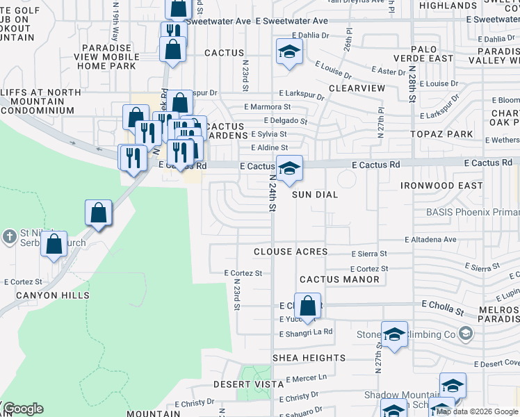 map of restaurants, bars, coffee shops, grocery stores, and more near 2313 East Laurel Lane in Phoenix