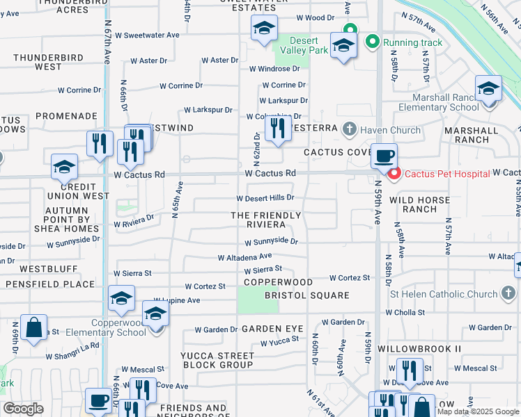map of restaurants, bars, coffee shops, grocery stores, and more near 6225 West Riviera Drive in Glendale