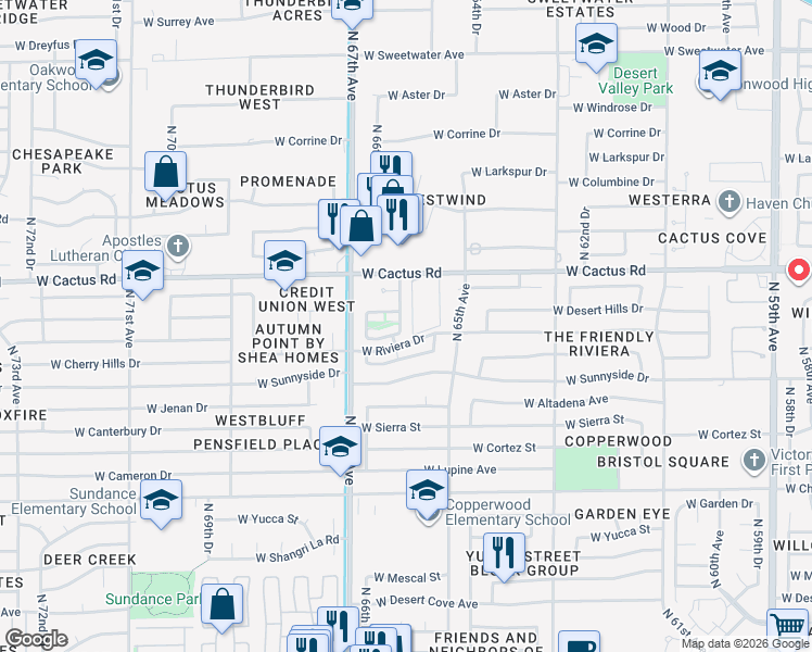 map of restaurants, bars, coffee shops, grocery stores, and more near 6531-6599 West Riviera Drive in Glendale