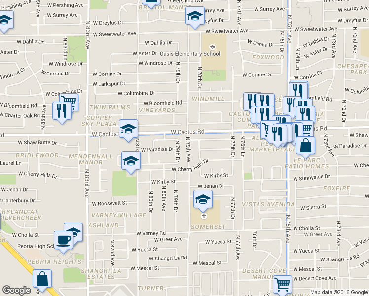 map of restaurants, bars, coffee shops, grocery stores, and more near 12010 North 79th Drive in Peoria