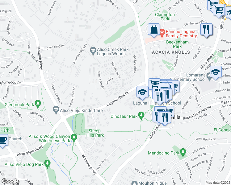 map of restaurants, bars, coffee shops, grocery stores, and more near 835 Ronda Sevilla in Laguna Hills