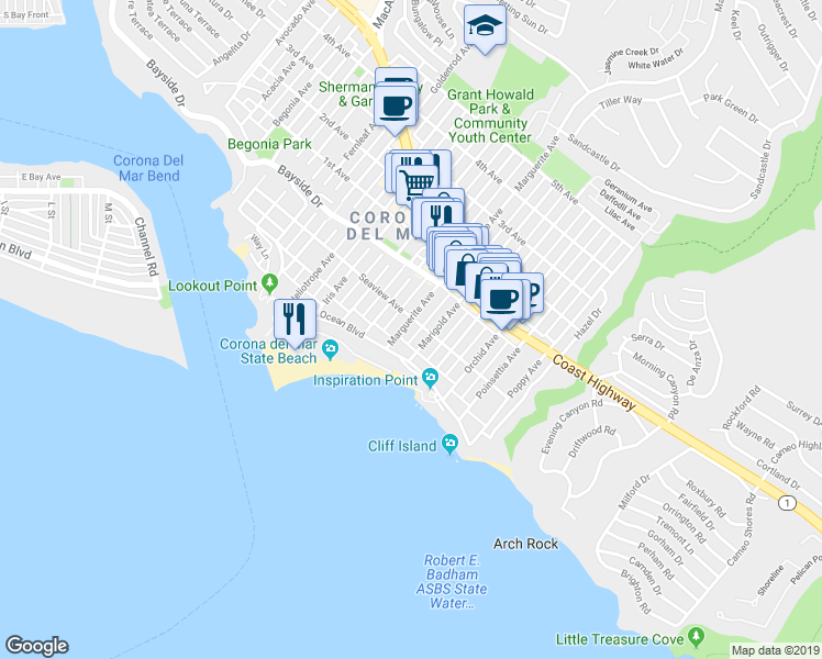 map of restaurants, bars, coffee shops, grocery stores, and more near 3300 Ocean Boulevard in Newport Beach