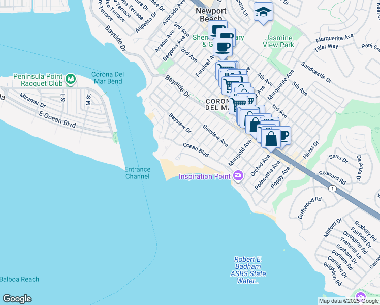 map of restaurants, bars, coffee shops, grocery stores, and more near 3030e Breakers Drive in Newport Beach