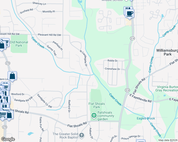 map of restaurants, bars, coffee shops, grocery stores, and more near 5905 Sheldon Court in Atlanta