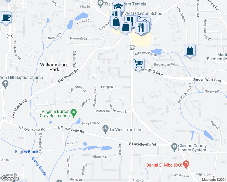 map of restaurants, bars, coffee shops, grocery stores, and more near 5898 Heatherwood Lane in Riverdale