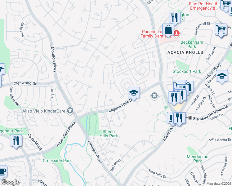 map of restaurants, bars, coffee shops, grocery stores, and more near 839 Ronda Sevilla in Laguna Woods