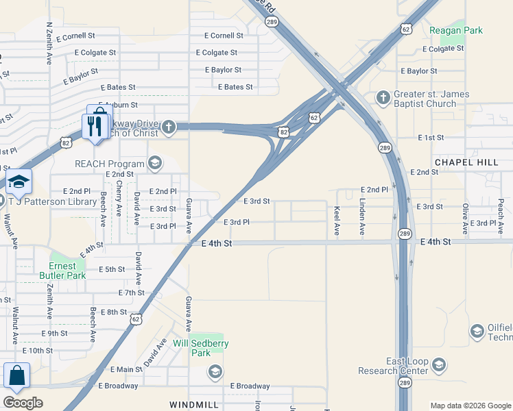 map of restaurants, bars, coffee shops, grocery stores, and more near 3409 East 3rd Place in Lubbock