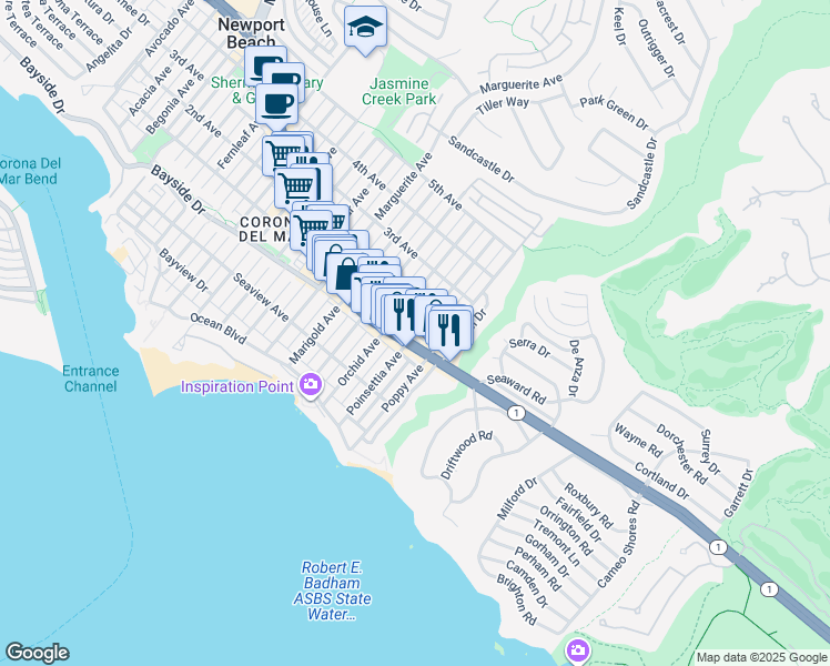map of restaurants, bars, coffee shops, grocery stores, and more near Poinsettia Avenue in Newport Beach