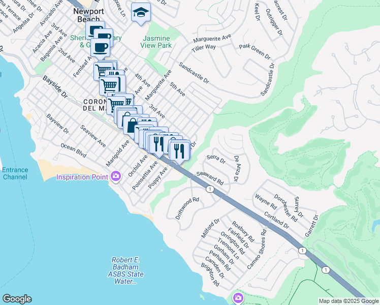 map of restaurants, bars, coffee shops, grocery stores, and more near 504 Hazel Drive in Newport Beach