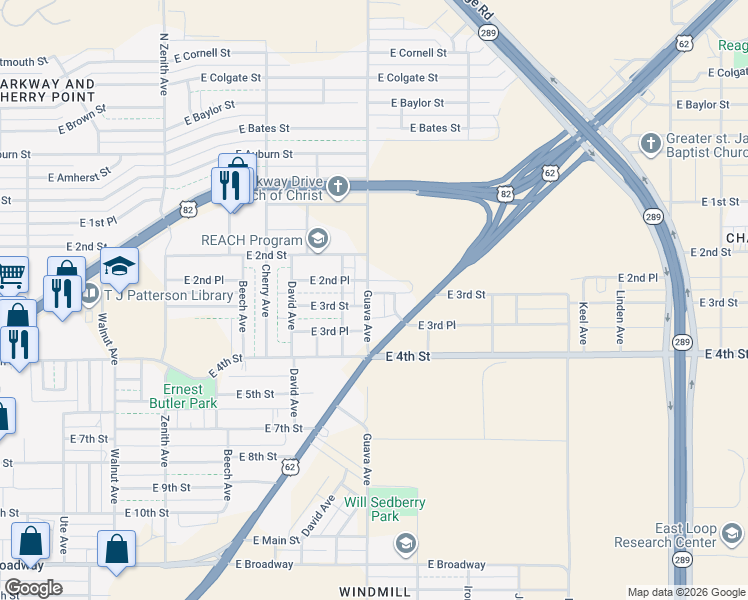map of restaurants, bars, coffee shops, grocery stores, and more near 313 Guava Avenue in Lubbock
