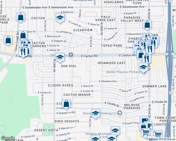map of restaurants, bars, coffee shops, grocery stores, and more near 11850 North 27th Street in Phoenix