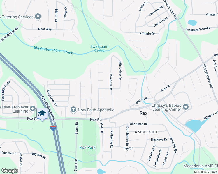 map of restaurants, bars, coffee shops, grocery stores, and more near 5890 Meadow Lane in Rex