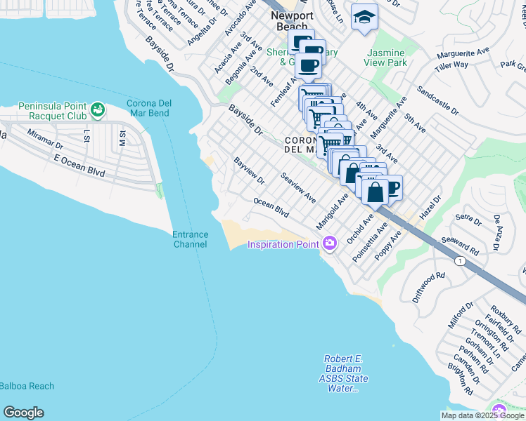 map of restaurants, bars, coffee shops, grocery stores, and more near 3024 Breakers Drive in Newport Beach