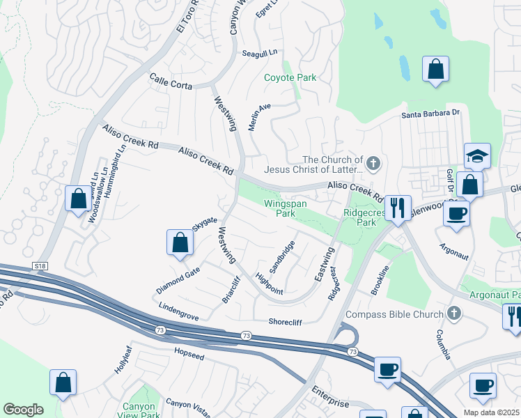 map of restaurants, bars, coffee shops, grocery stores, and more near 17 Northwinds in Aliso Viejo